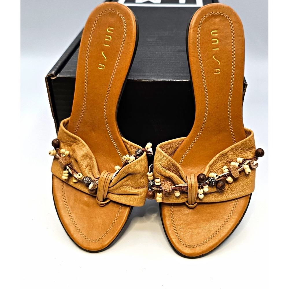 Unisa Tan Beaded Bow Mule Heels Faux Leather Size 6